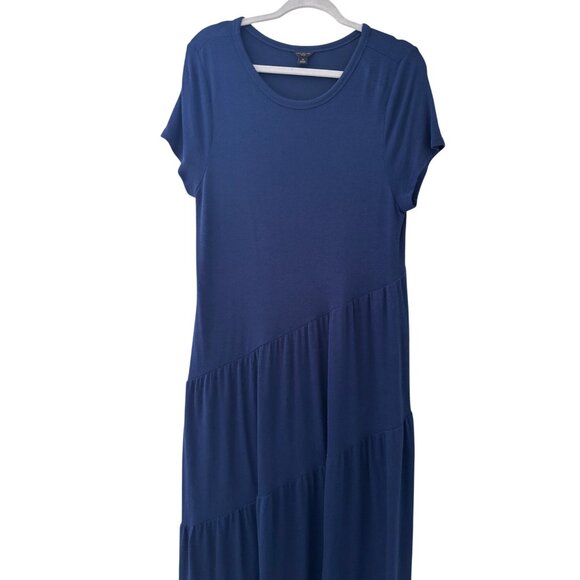 Ann Taylor Navy Midi Dress With Tiered Design Short Sleeves Stretch Fabric - Picture 2 of 9